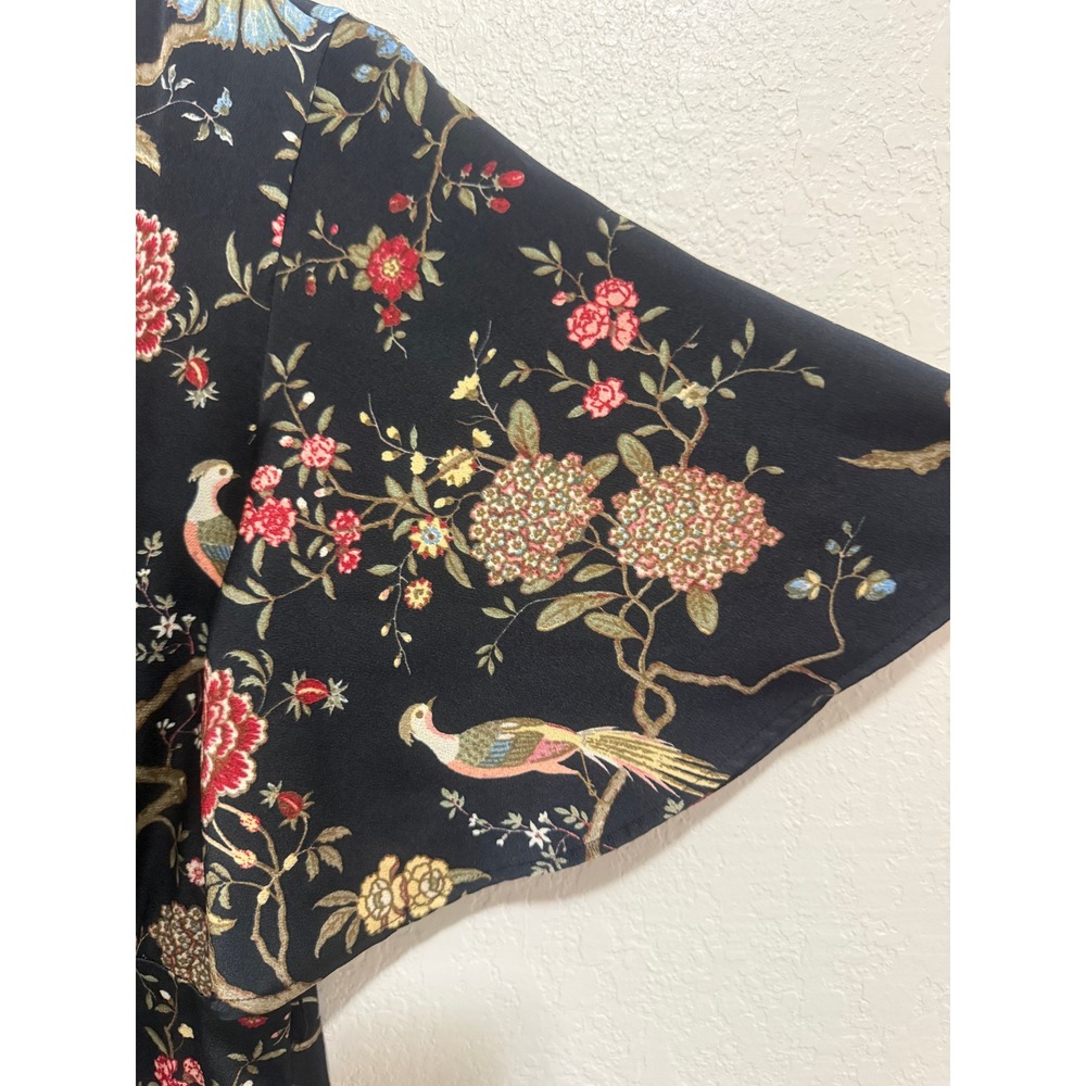 H&M Floral Bird Print Wide Leg Jumpsuit Black Flutter Sleeve V-Neck Size 8 - Picture 7 of 16